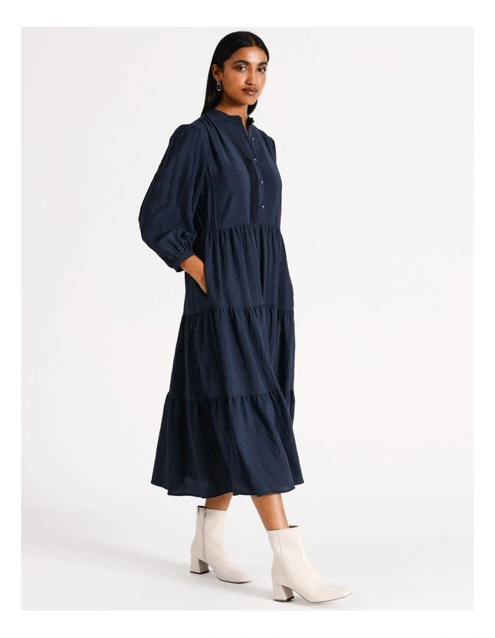 Pintuck Detail Relaxed Tiered Dress in Navy