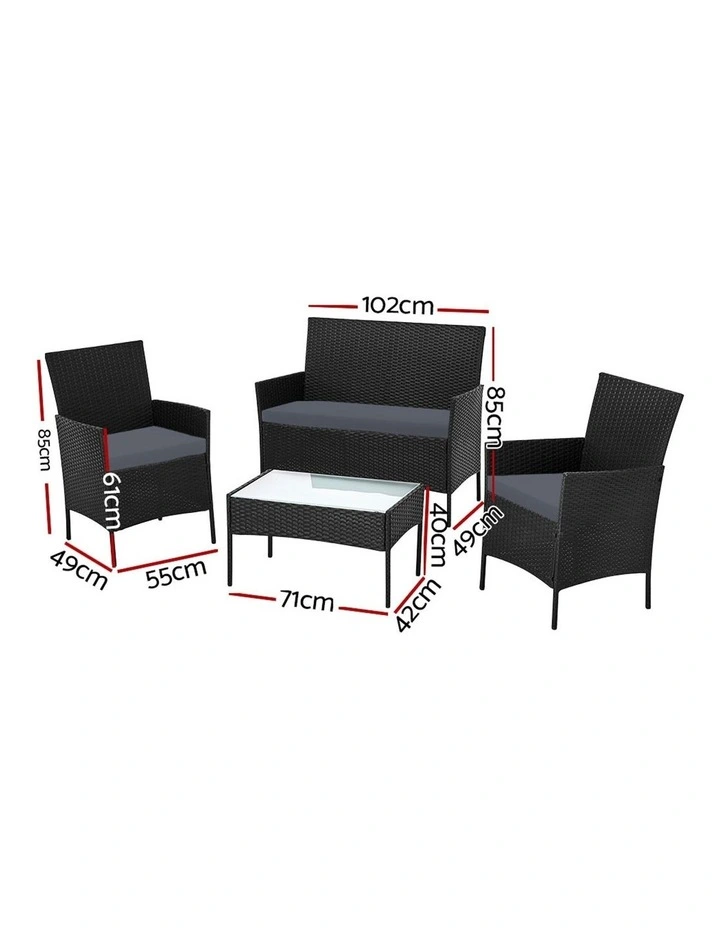 Outdoor Sofa Set with Storage Cover Wicker Table Chair 4 Seater in Black