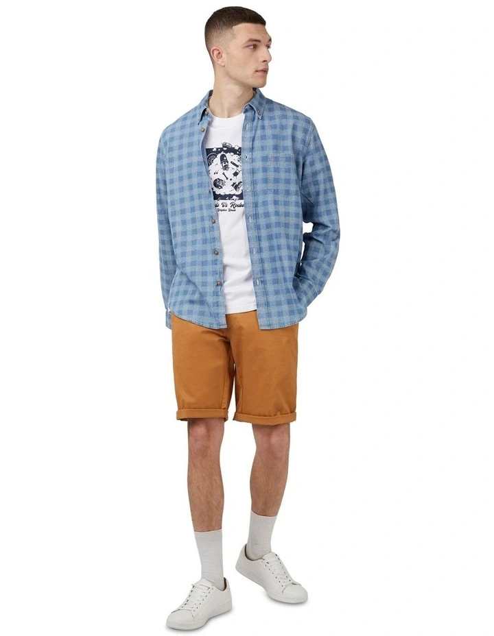 Indigo Long Sleeve Geo Check Print Shirt in Denim
