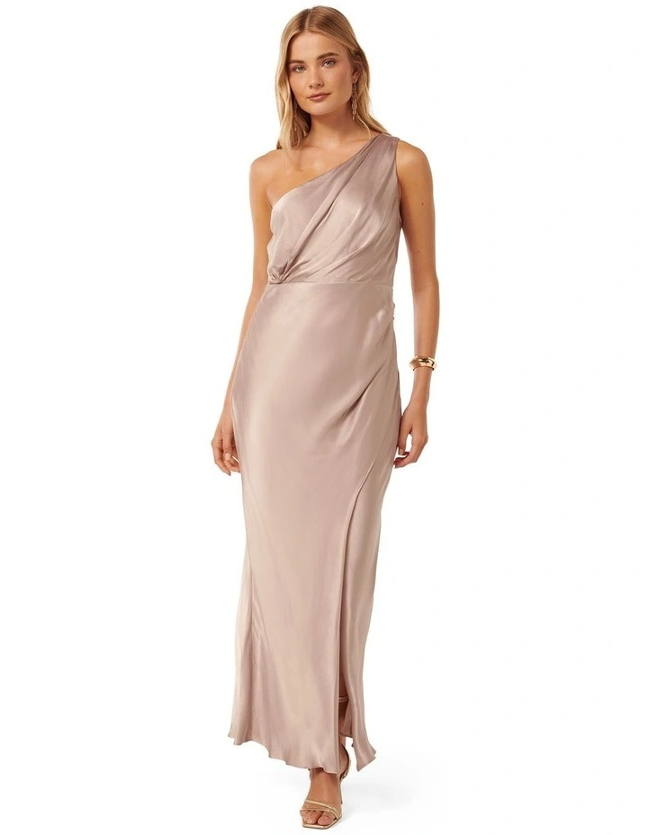 Emily One Shoulder Satin Maxi Dress in Beige