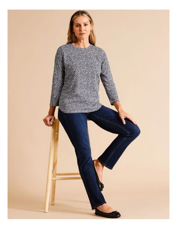 Organic Cotton Wardrobe Staple 3/4 Sleeve Tee in Black & White Grid Print