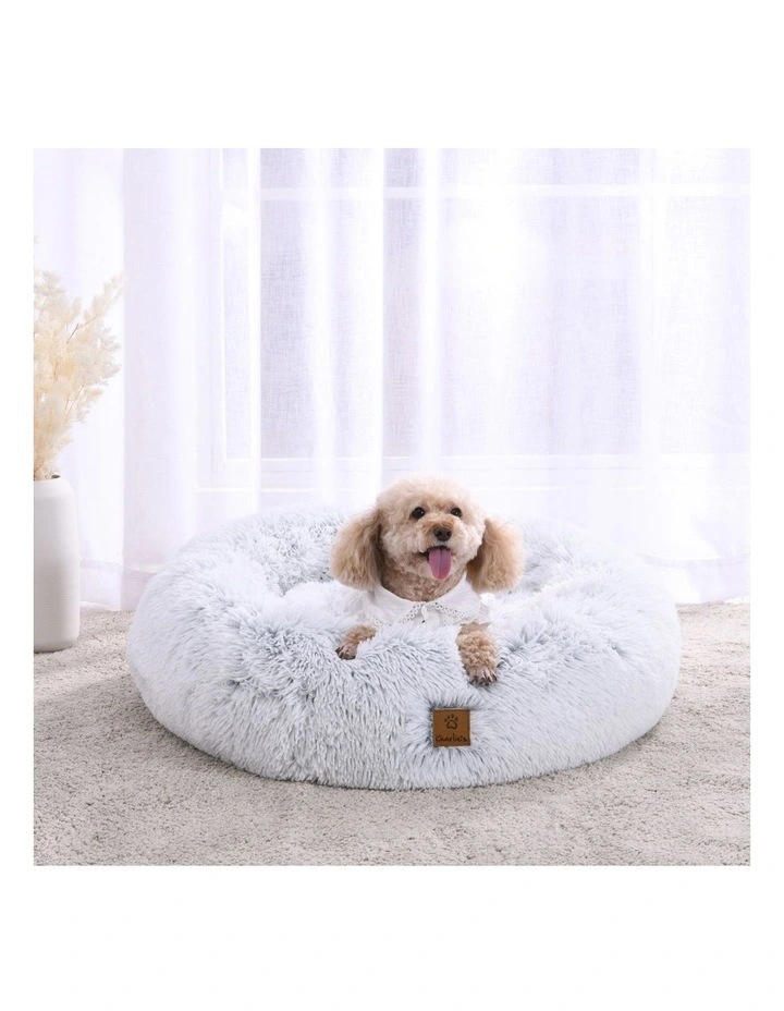 Shaggy Faux Fur Round Calming Dog Bed in Grey