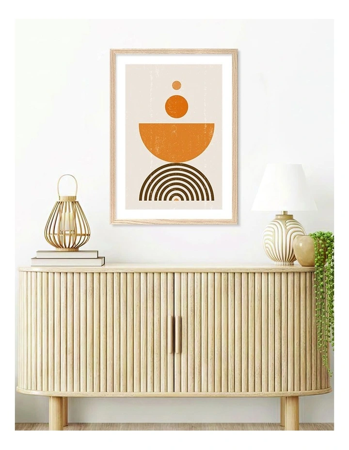 Australian Made Orange Boho Sun Bowl Art Print A2 in Natural Frame