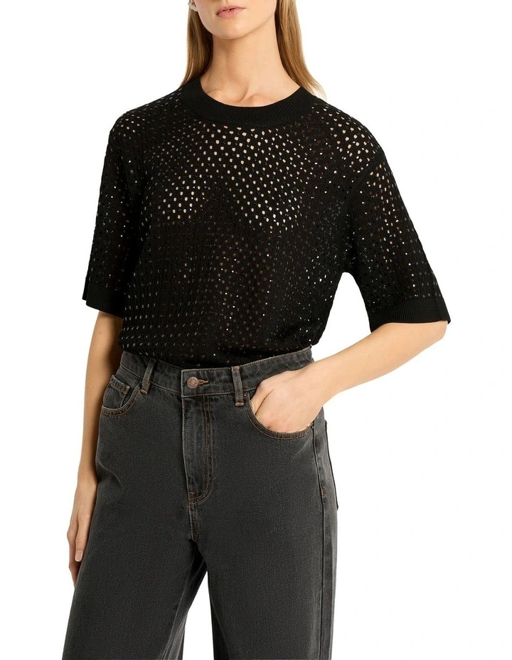 Cruise Pointelle Knit Tee in Black Sequins