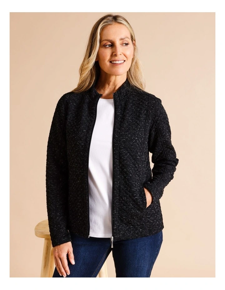 Recycled Polyester Blend Zip Thru Spot Jacquard Sweat Top in Black