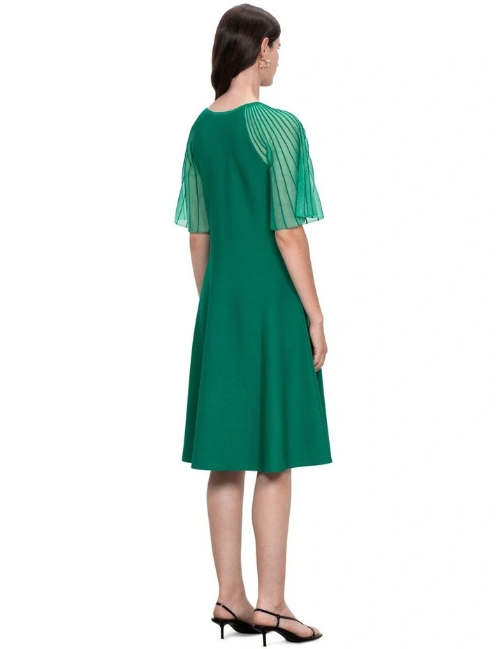 Sheer Pleated Sleeve Knit Dress in Emerald