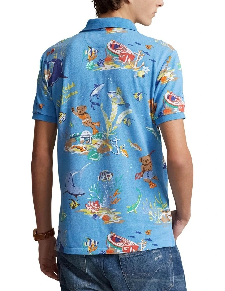 Custom Slim Fit Bear Mesh Polo Shirt in Blue