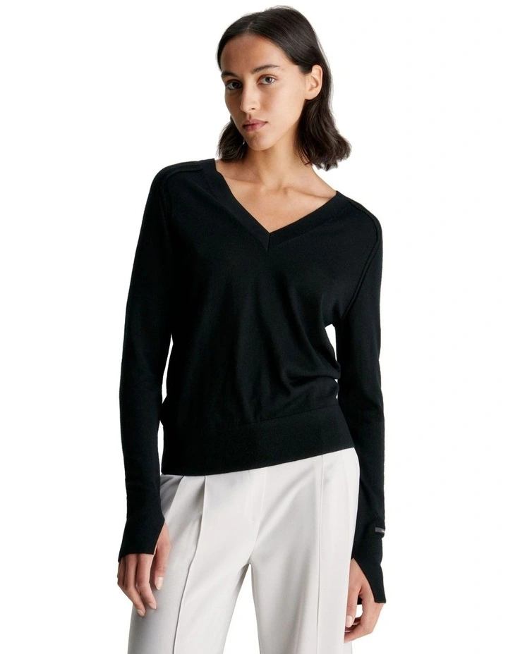 Extra Fine Wool Double V-Neck Knit in Black