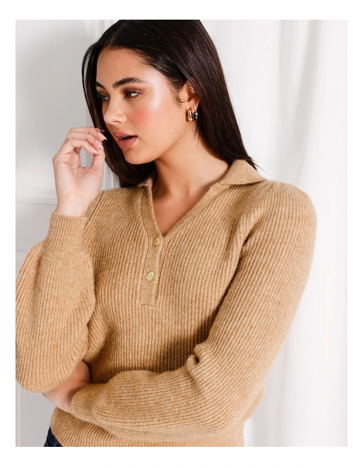 Half Placket Puff Sleeve Knit Jumper in Camel