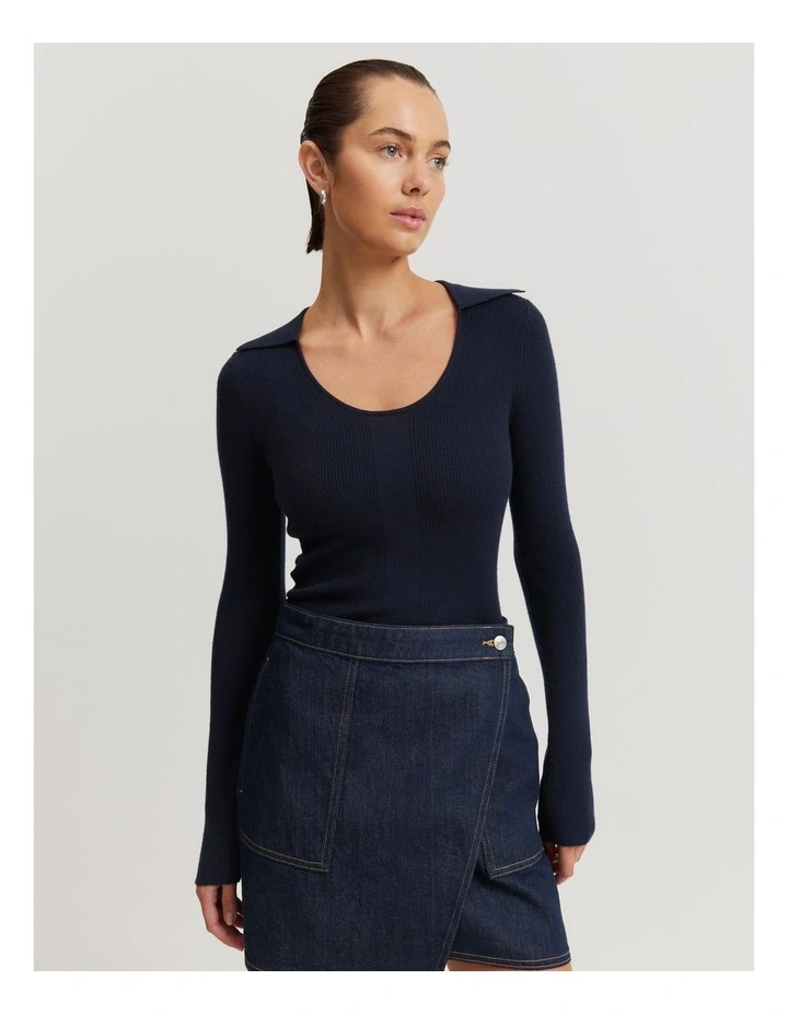 Australian Merino Wool Silk Collared Knit in Navy