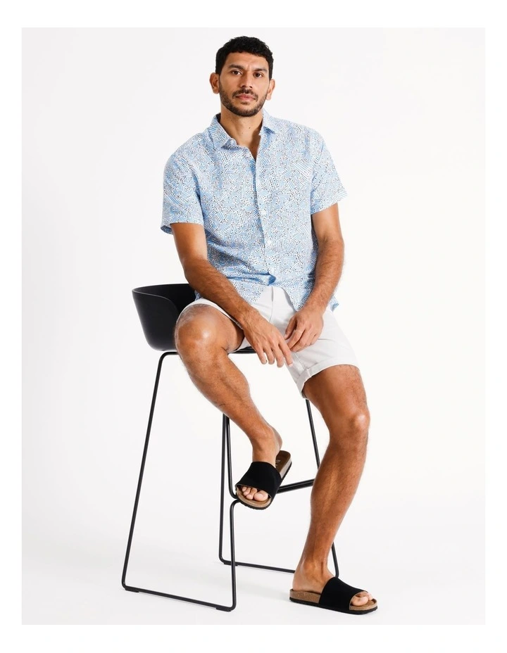 Leeroy Abstract Print Short Sleeve Linen Blend Shirt in Blue