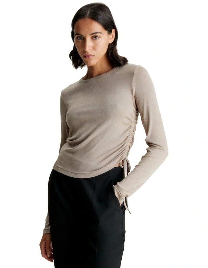 Modal Rib Gathered Long Sleeve Tee in Grey