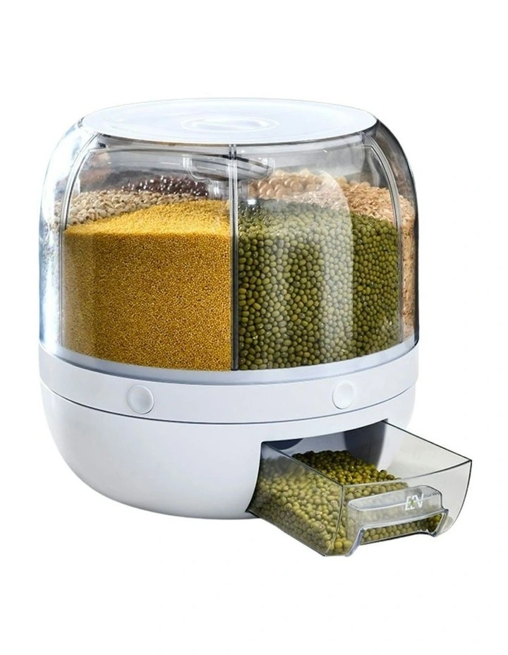 360 Rotating Grain Dispenser with Lid Rice Storage Container 6 in 1 in White