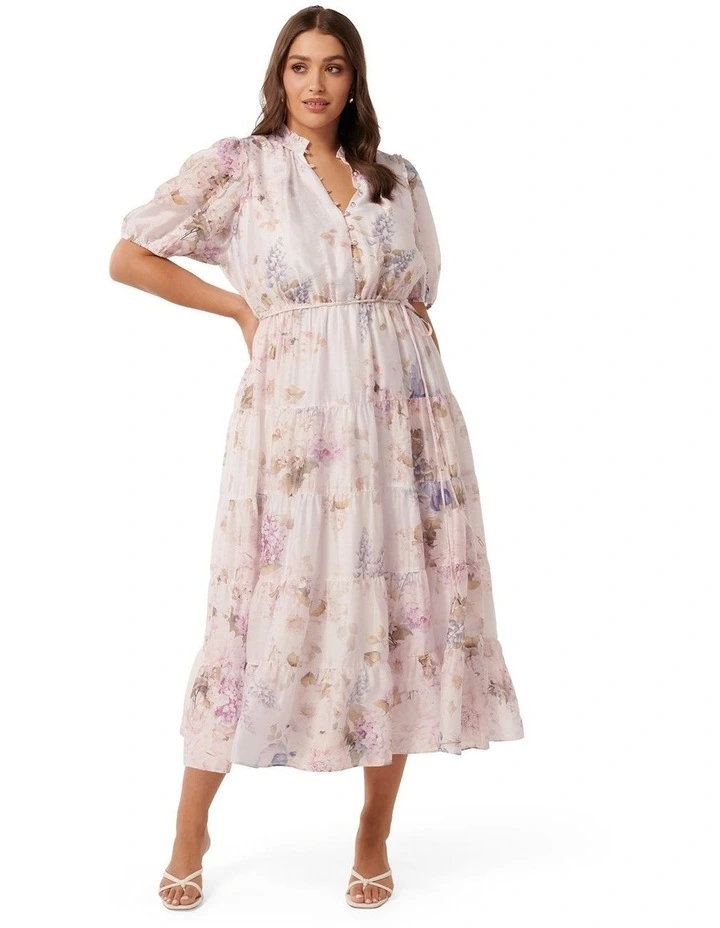 Evelyn Short Sleeves Button Midi Dress in Pink
