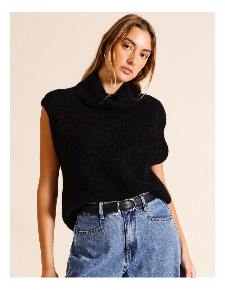 Funnel Neck Extended Shoulder Knit Vest in Black