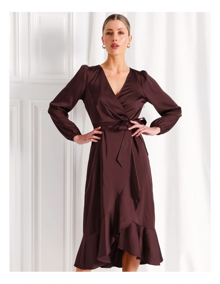 Recycled Blend Satin Long Sleeve Ruffle Midi Wrap Dress in Wine