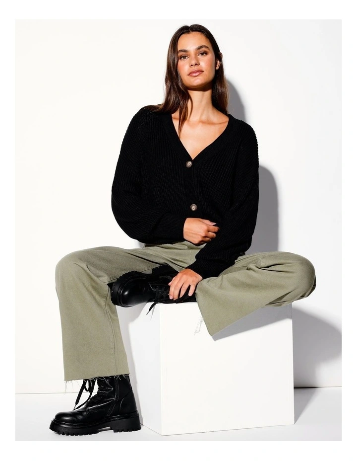 Organic Relaxed Rib Knit Cardi in Black