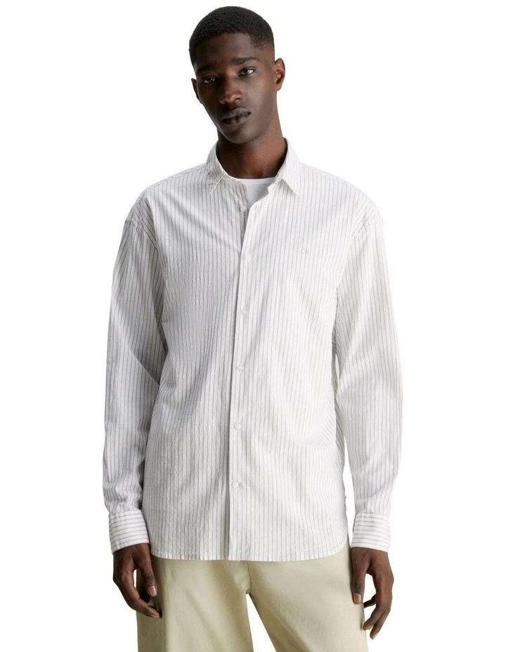 Slub Stripe Stretch Slim Fit Long Sleeve Shirt in Beige