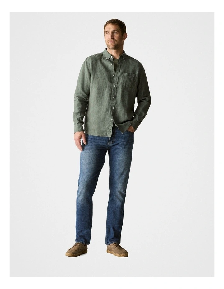 Regular Fit Delave Linen Long Sleeve Shirt in Dark Green