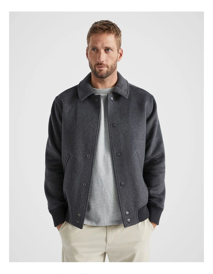 Varsity Wool Bomber in Charcoal Marle
