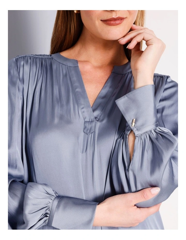Recycled Polyester V Neck Satin Blouse in Harbour Blue