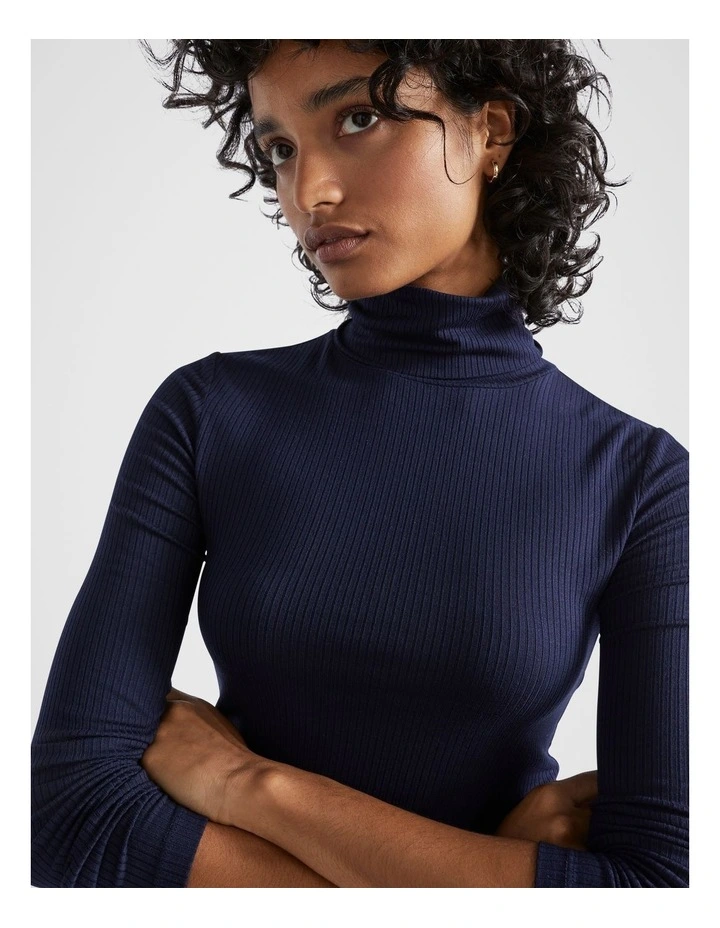Core Rib Roll Neck Top in Midnight Sky