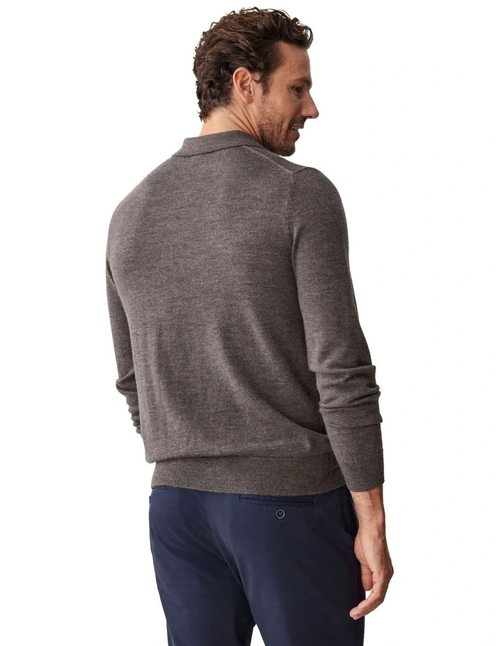 Merino Knit Long Sleeve Polo Shirt in Walnut