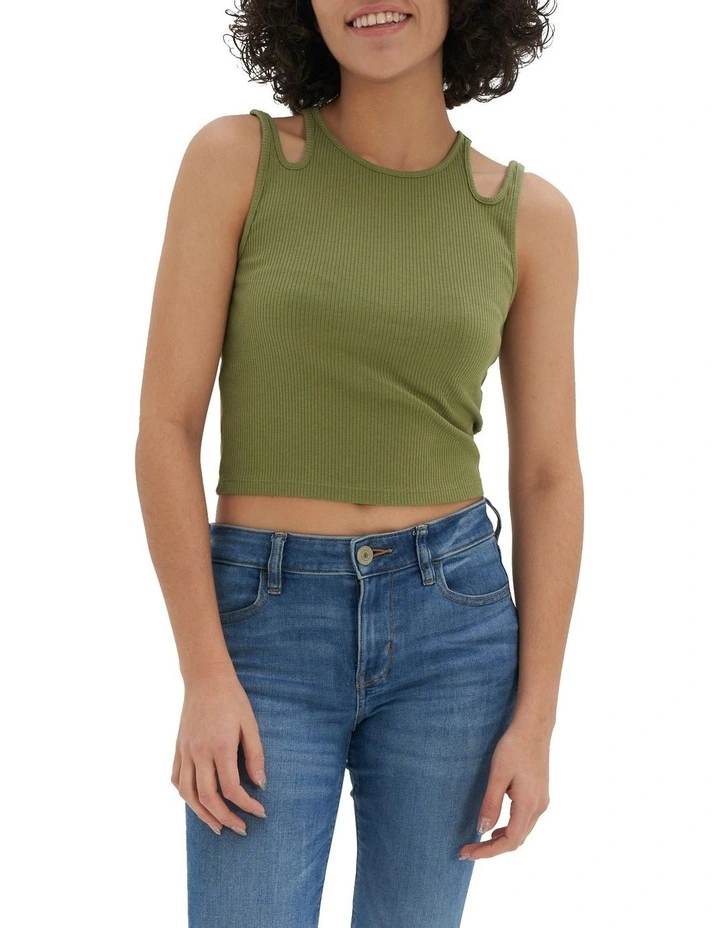 Cutout Shoulder Tank Top in Olive