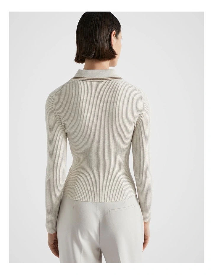 Contrast Tipping Polo Knit Top in Oat Marle
