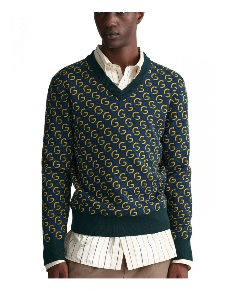 Merino Jacquard V Neck Sweater in Tartan Green