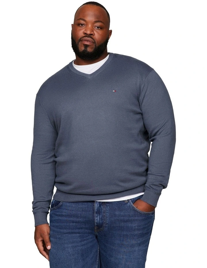 Big and Tall Pima Organic Cotton Cashmere V-Neck Knit in Faded Indigo