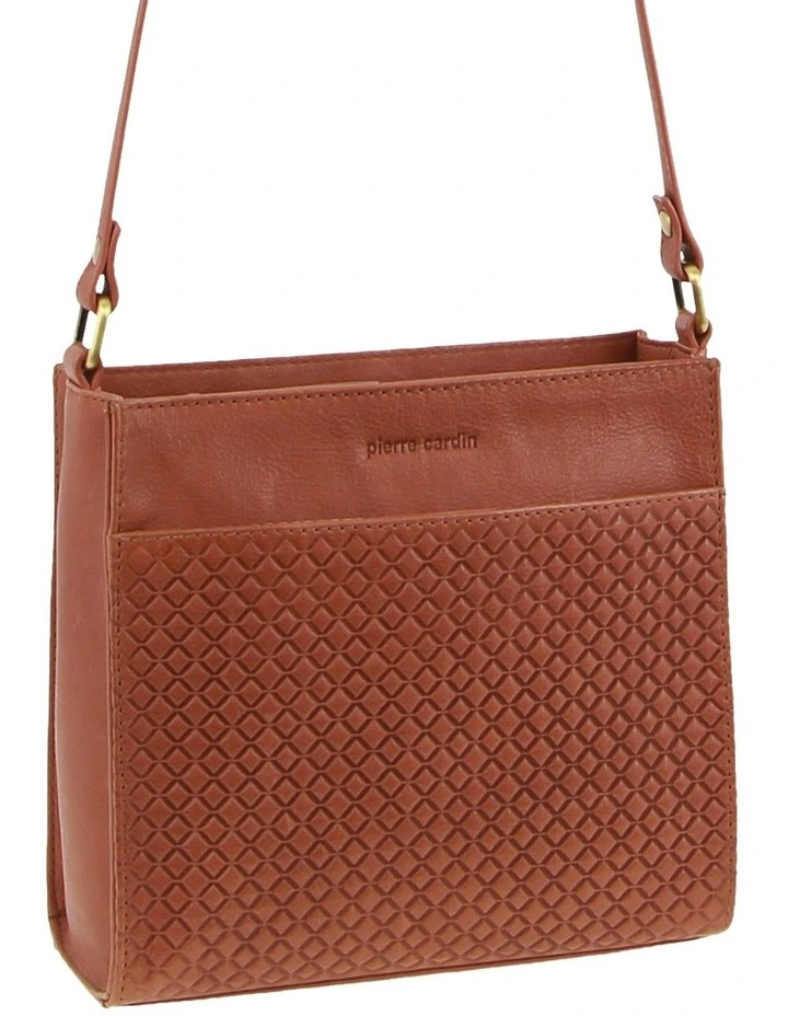 Leather Diamond Pattern Embossed Cross-Body Bag in Tan