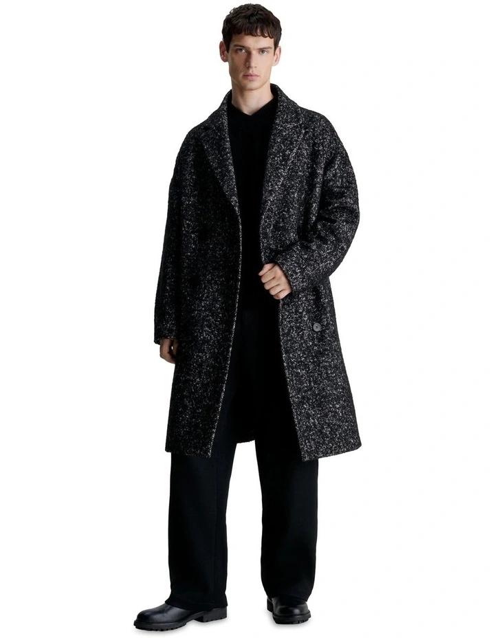 Boucle Wool Blend Double Breasted Coat in Black