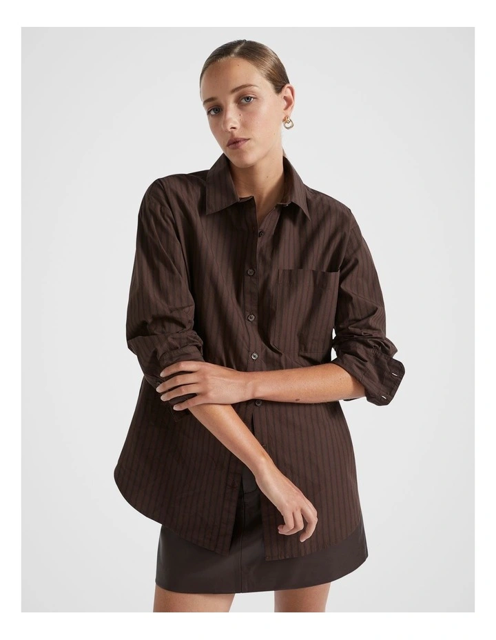 Poplin Pocket Front Shirt in Dark Espresso Stripe