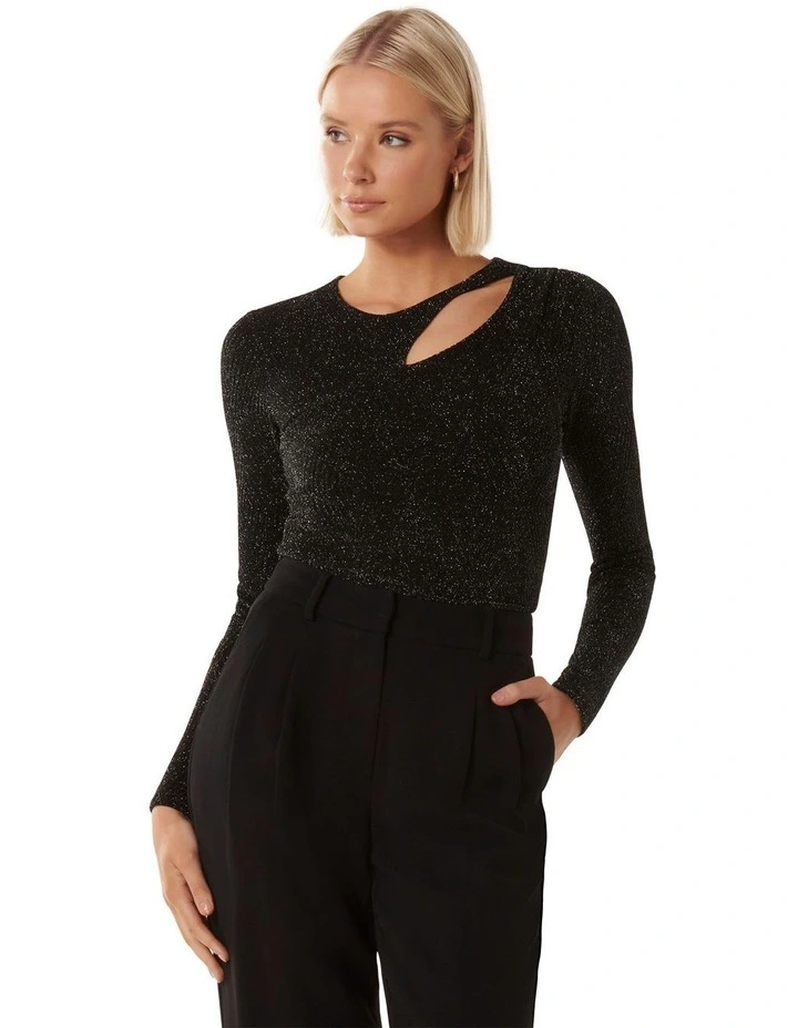 Camilla Metallic Split Neck Top in Black
