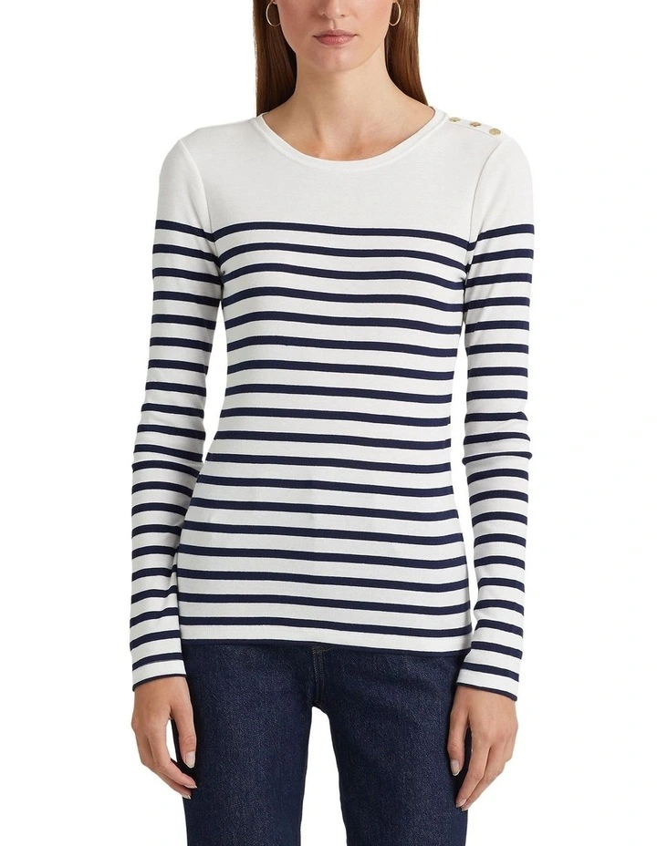 Striped Cotton Long-Sleeve Tee in White