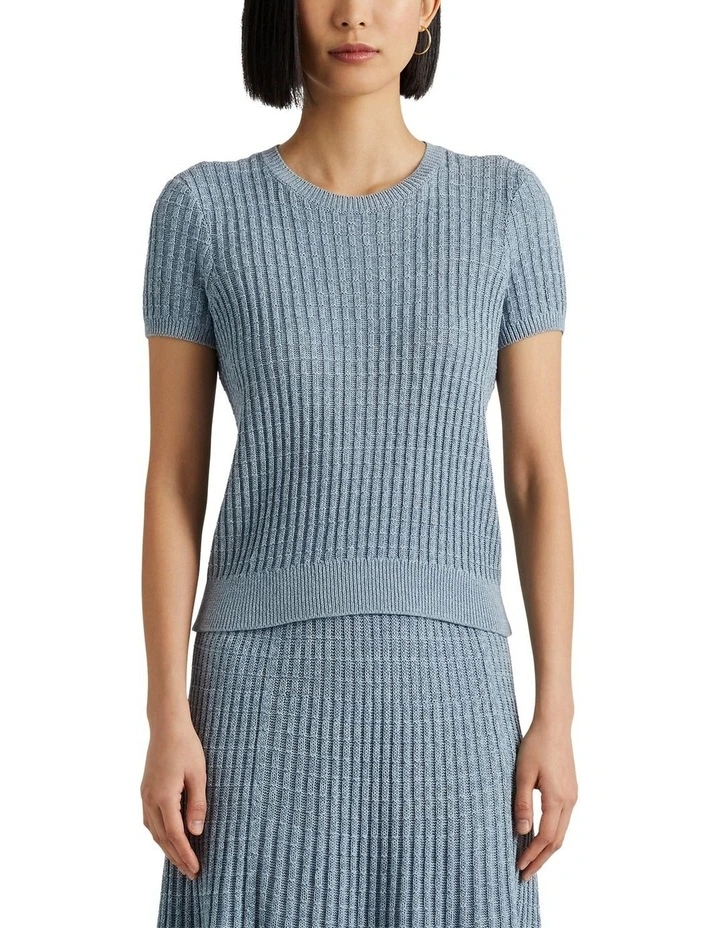 Linen-Cotton Short-Sleeve Sweater in Blue