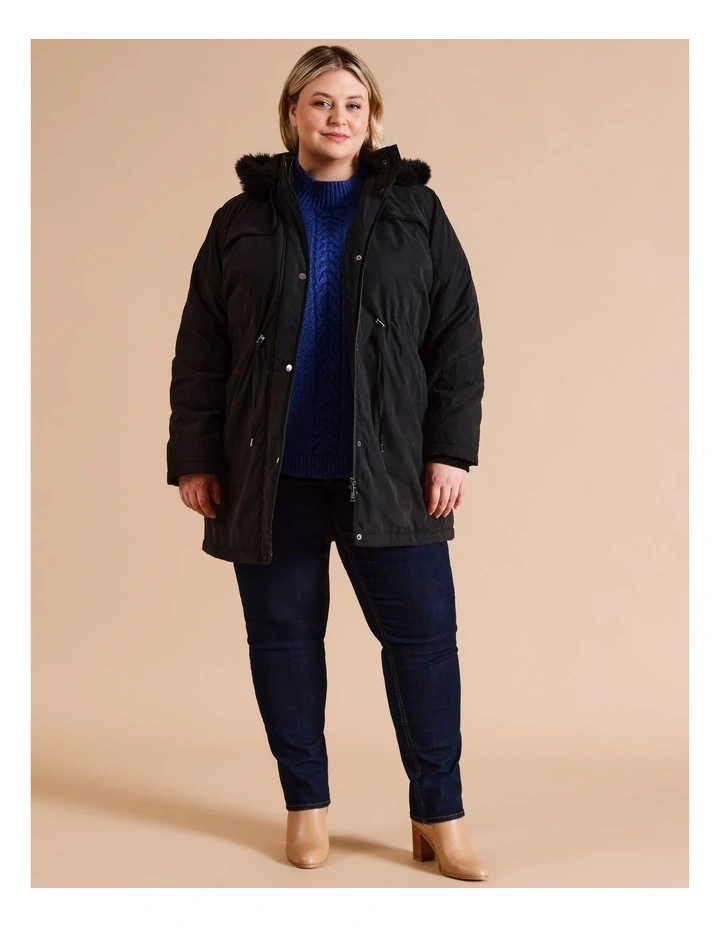 Longline Soft Fur Trim Jacket in Black