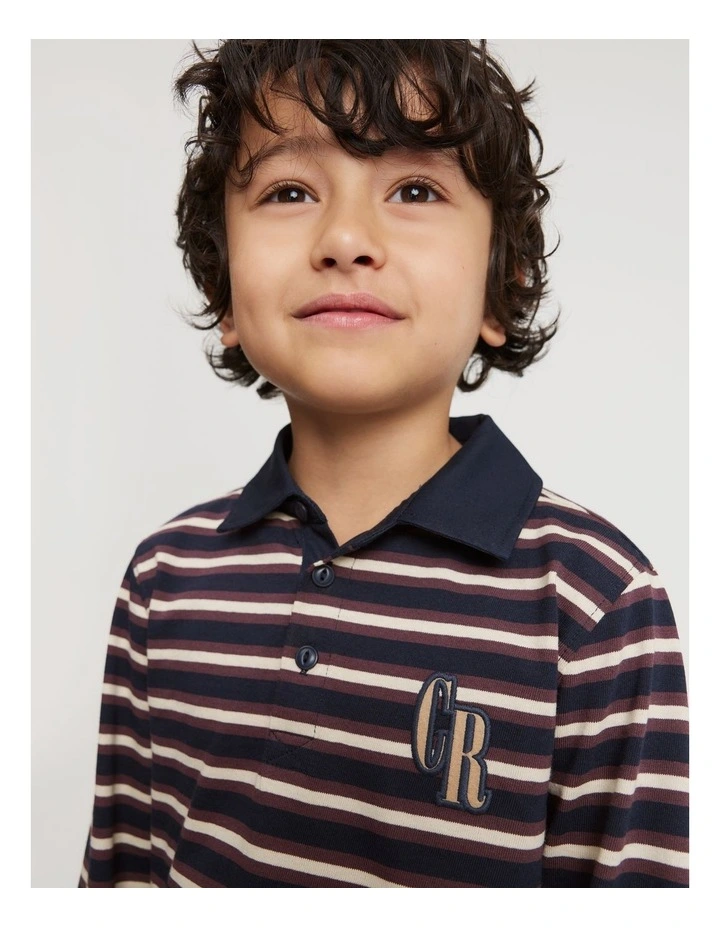 Long Sleeve Block Stripe Rugby Sweat Top in Navy