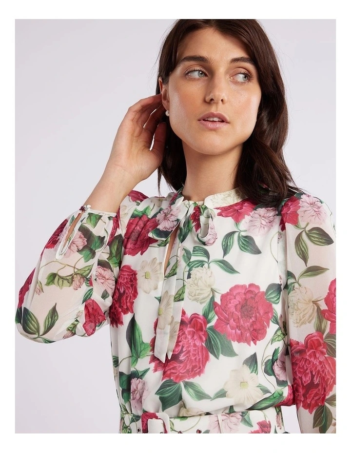 Raspberry Peony Midi Dress in Ivory
