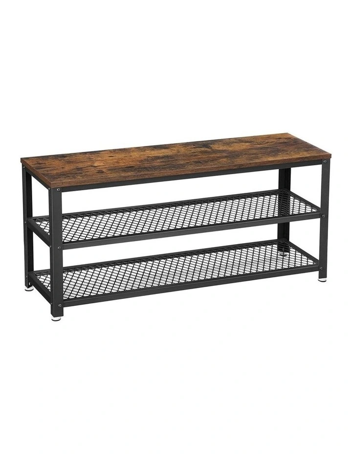 Industrial Style Shoe Rack with 2 Mesh Shelves in Rustic Brown/Black