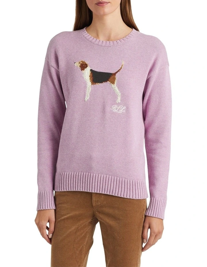 Intarsia Knit Cotton Sweater in Purple