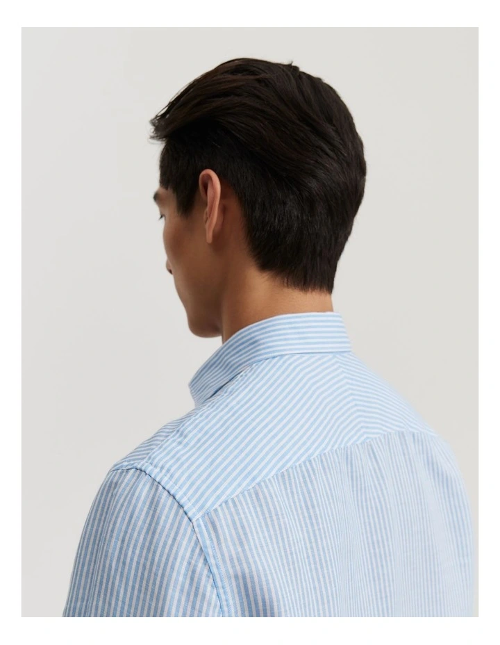 Tailored Fit Cotton Linen Stripe Shirt in Light Blue