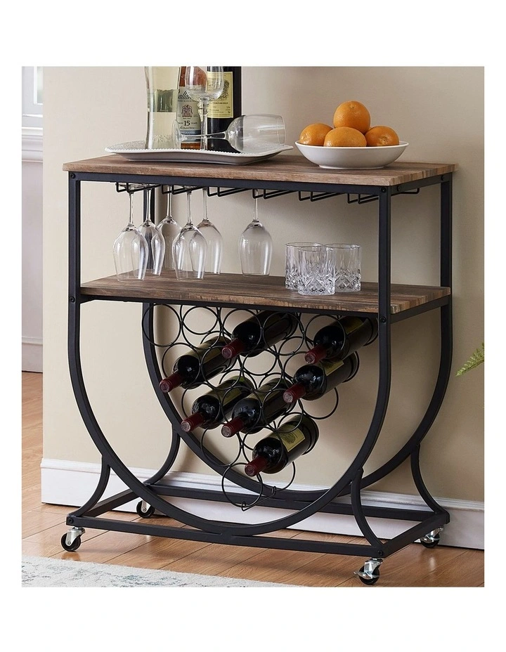 Industrial Wine Rack Cart with Glass Holder Vintage Brown