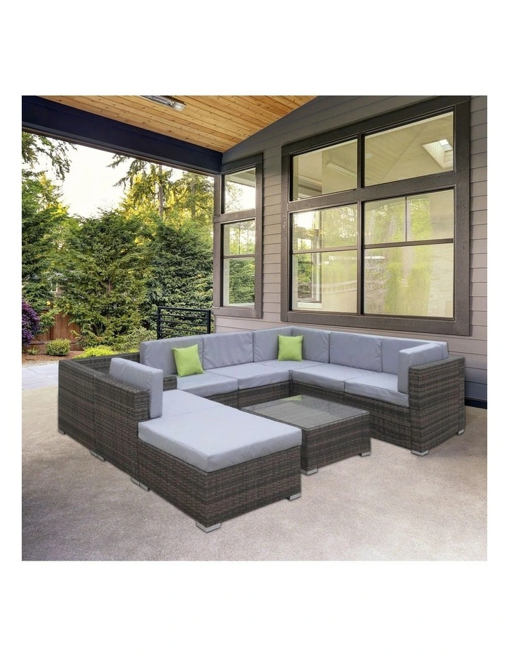 Outdoor 9 Piece Oatmeal Rattan Sofa Set Black Coating & Grey Seats (6 Boxes)