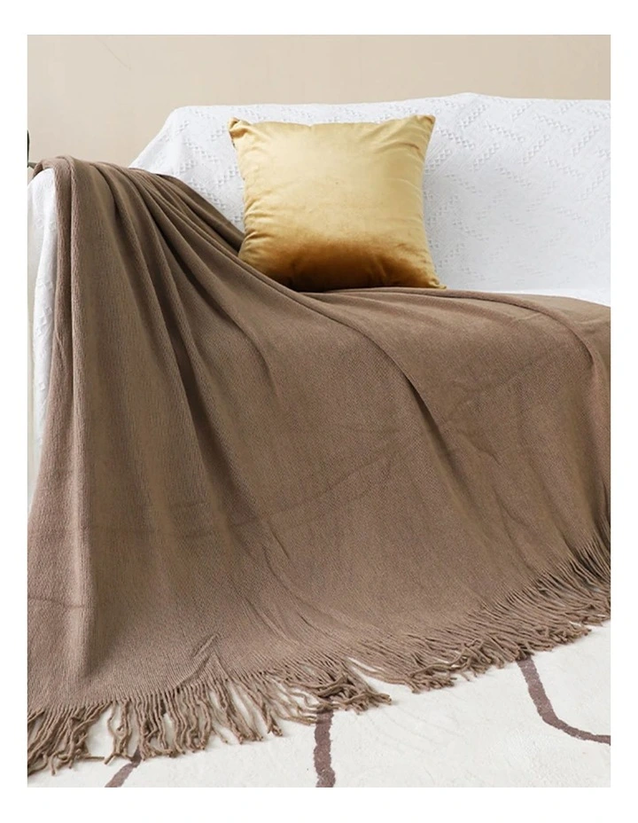 Acrylic Solid Knitted Throw Blanket in Coffee