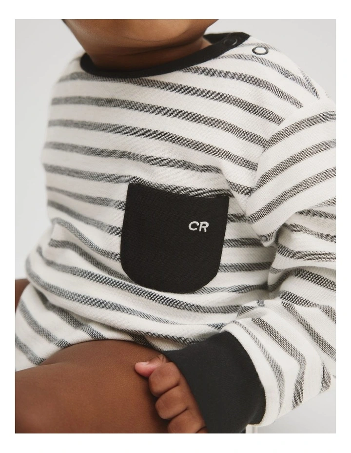 Australian Cotton Oversized Stripe Long Sleeve Bodysuit in Black