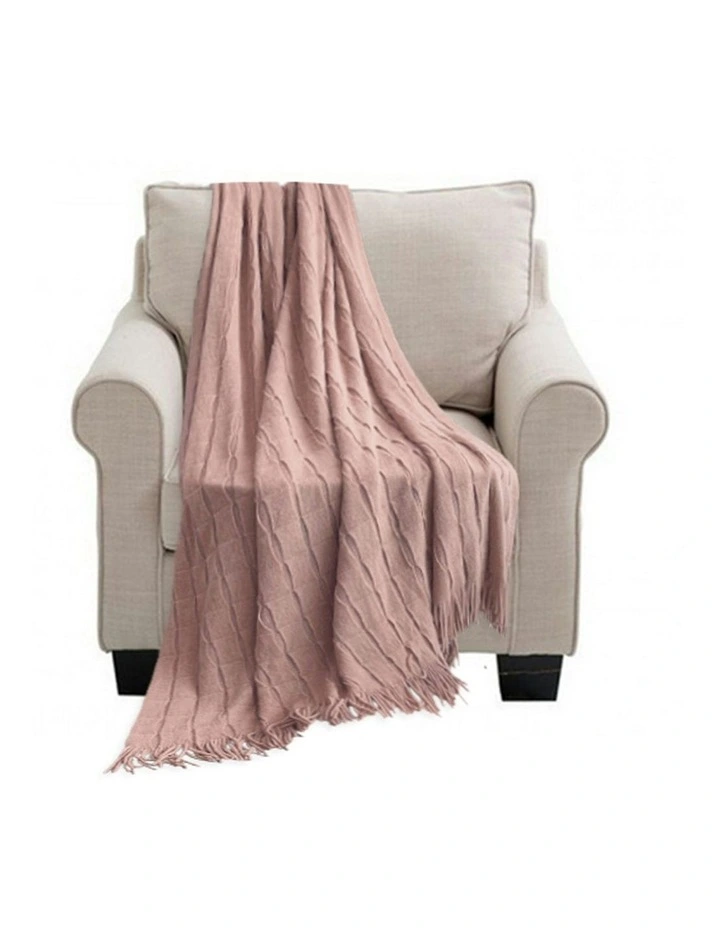 Textured Knitted Throw with Tassels in Pink