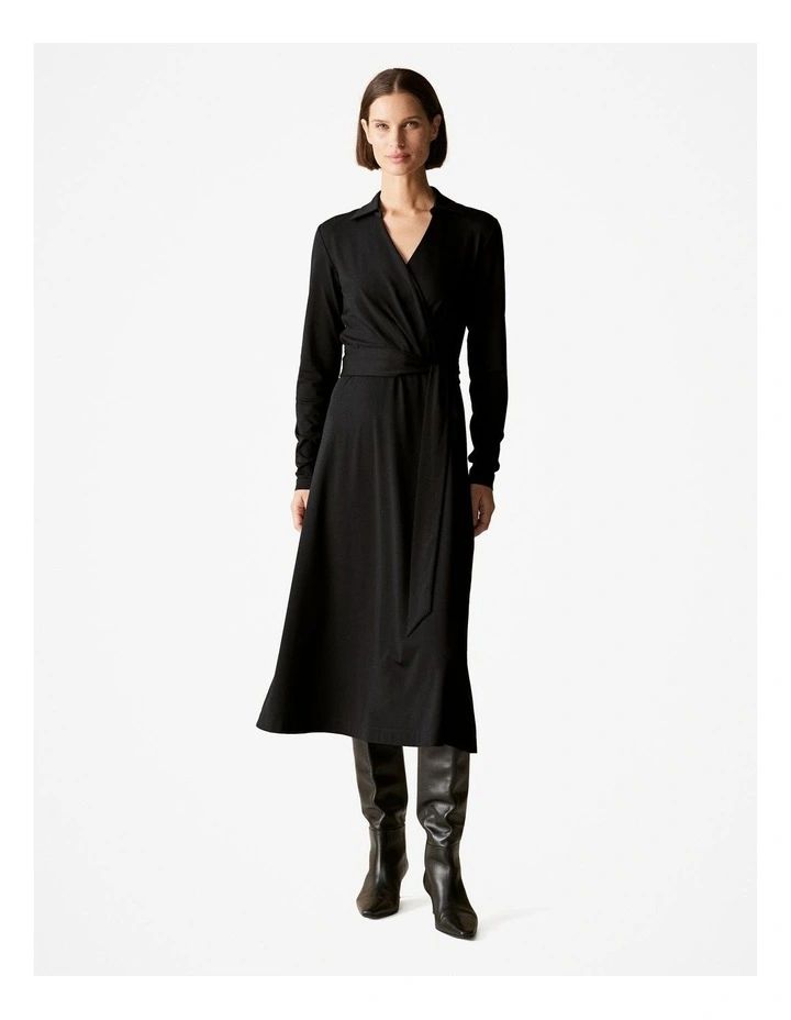 Jersey Collared Wrap Detail Dress in Black