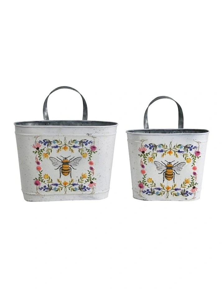 Queen Bee Oval Pot Planter Buckets Set of 2 in Distressed White